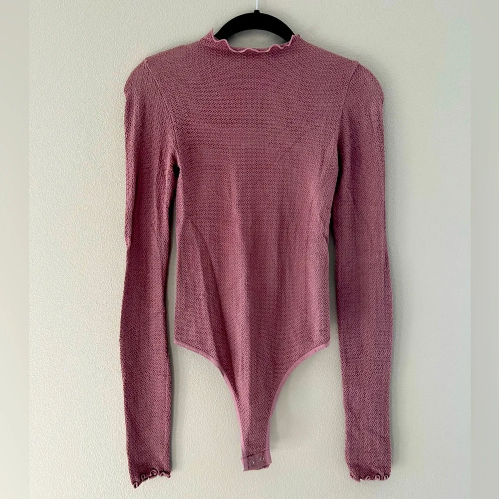 Free People Pink Ruffle Neck Bodysuit - Picture 1 of 8